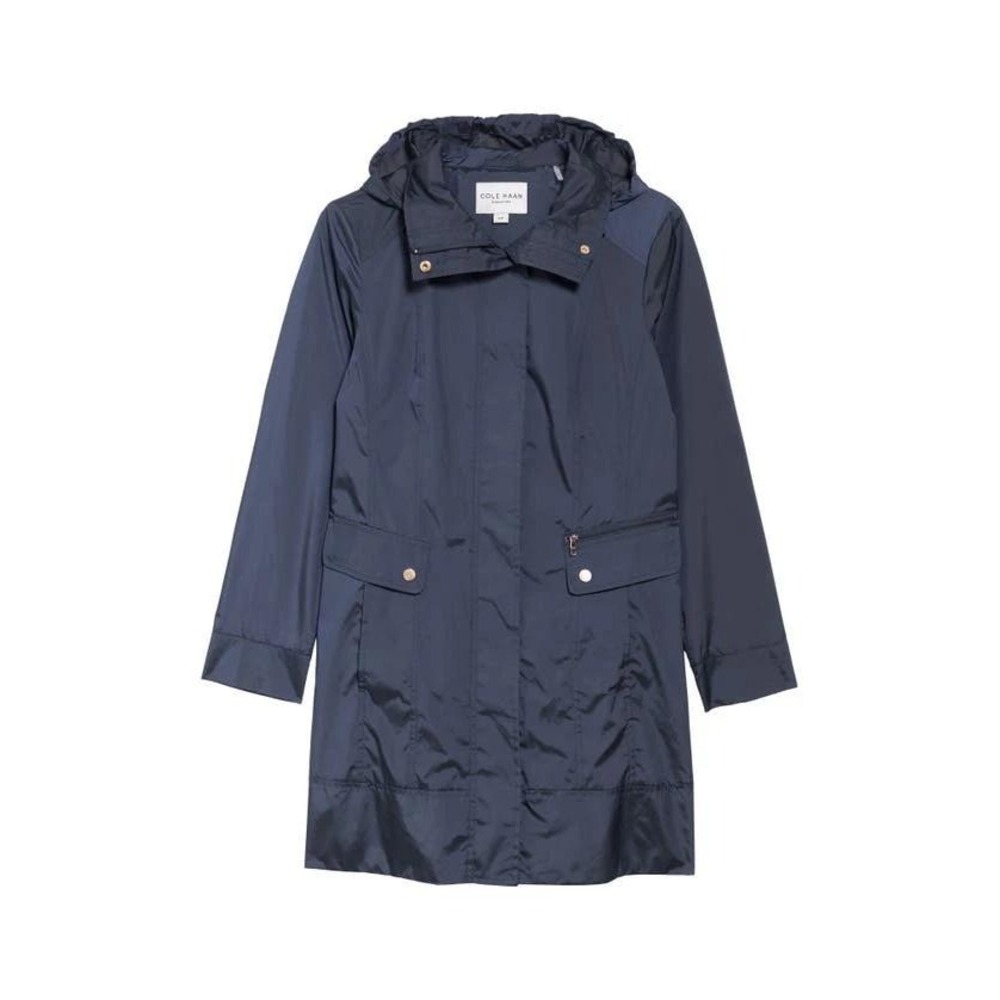 Cole Haan Signature Back Bow Packable Hooded Raincoat Navy Blue Medium Gold